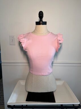 Zara Pink Ruffle-Sleeve Ribbed Crop Top